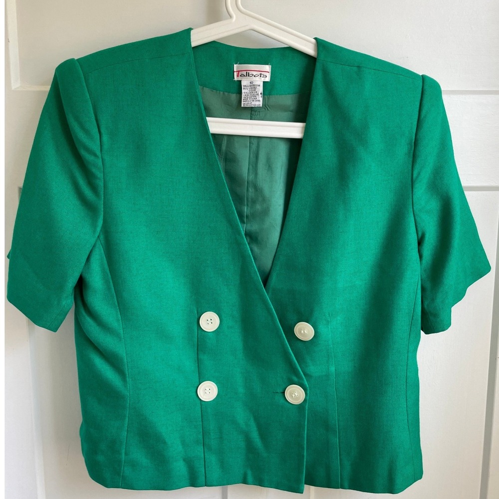 Vintage Talbots Emerald Green Linen Cropped Blazer Preppy Short Sleeve 90s